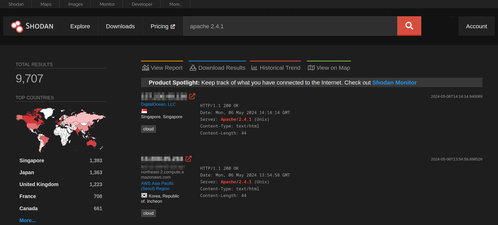 The results of searching for apache 2.4.1 on the Shodan website.