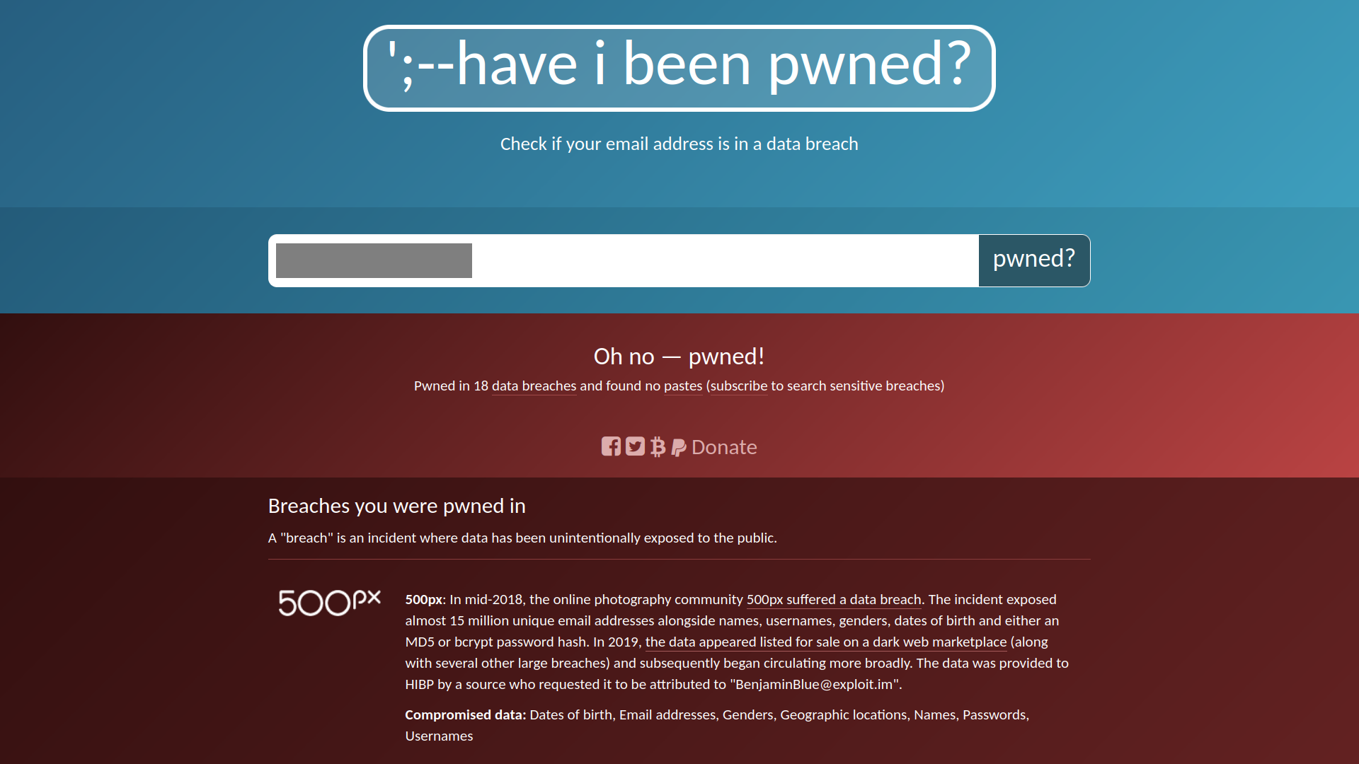 Have I Been Pwned 网站上某个电子邮件地址的搜索结果。